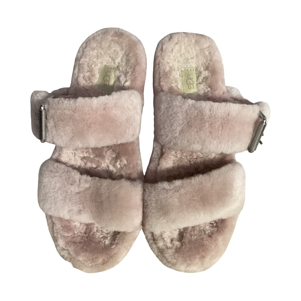 UGG Fuzzy Sheepskin Light Pink Soft Slip On Shoes Adjustable Strap EUC